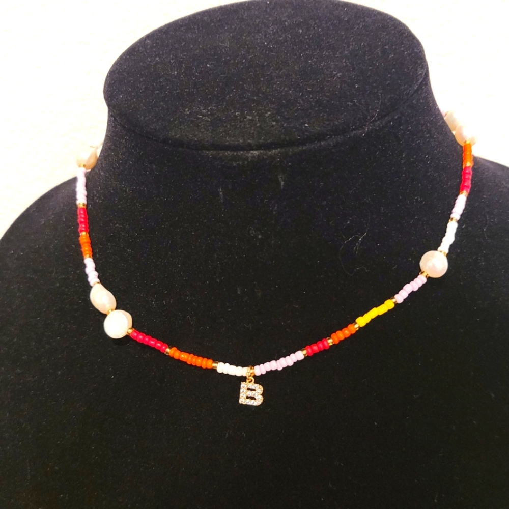 Frasier Sterling Choker Necklace Pearls and beads New cz diamond Letter "B" New